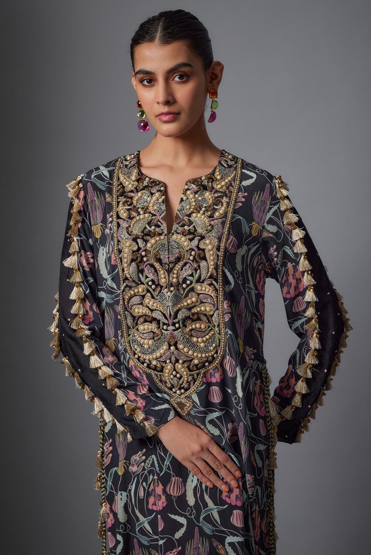 Black Island Escape Print Crepe Embroidered Yoke Beyza Kaftan.