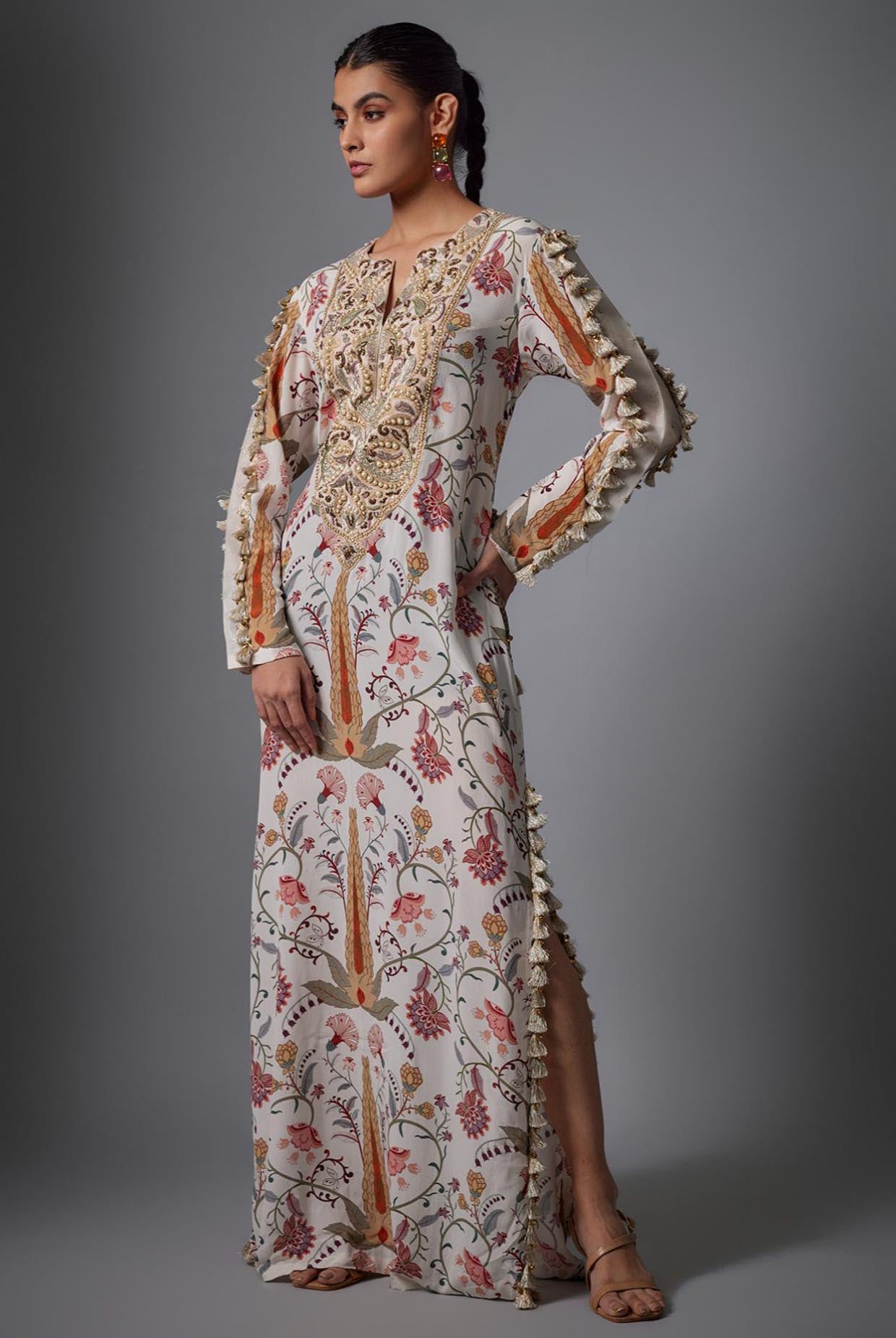 Cream Ochre Forest Whisper Print Embroidered Yoke Beyza Kaftan.