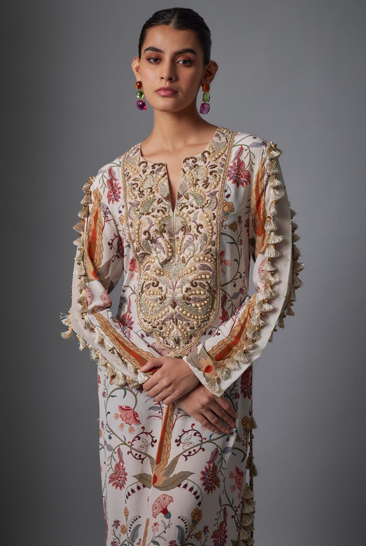 Cream Ochre Forest Whisper Print Embroidered Yoke Beyza Kaftan.