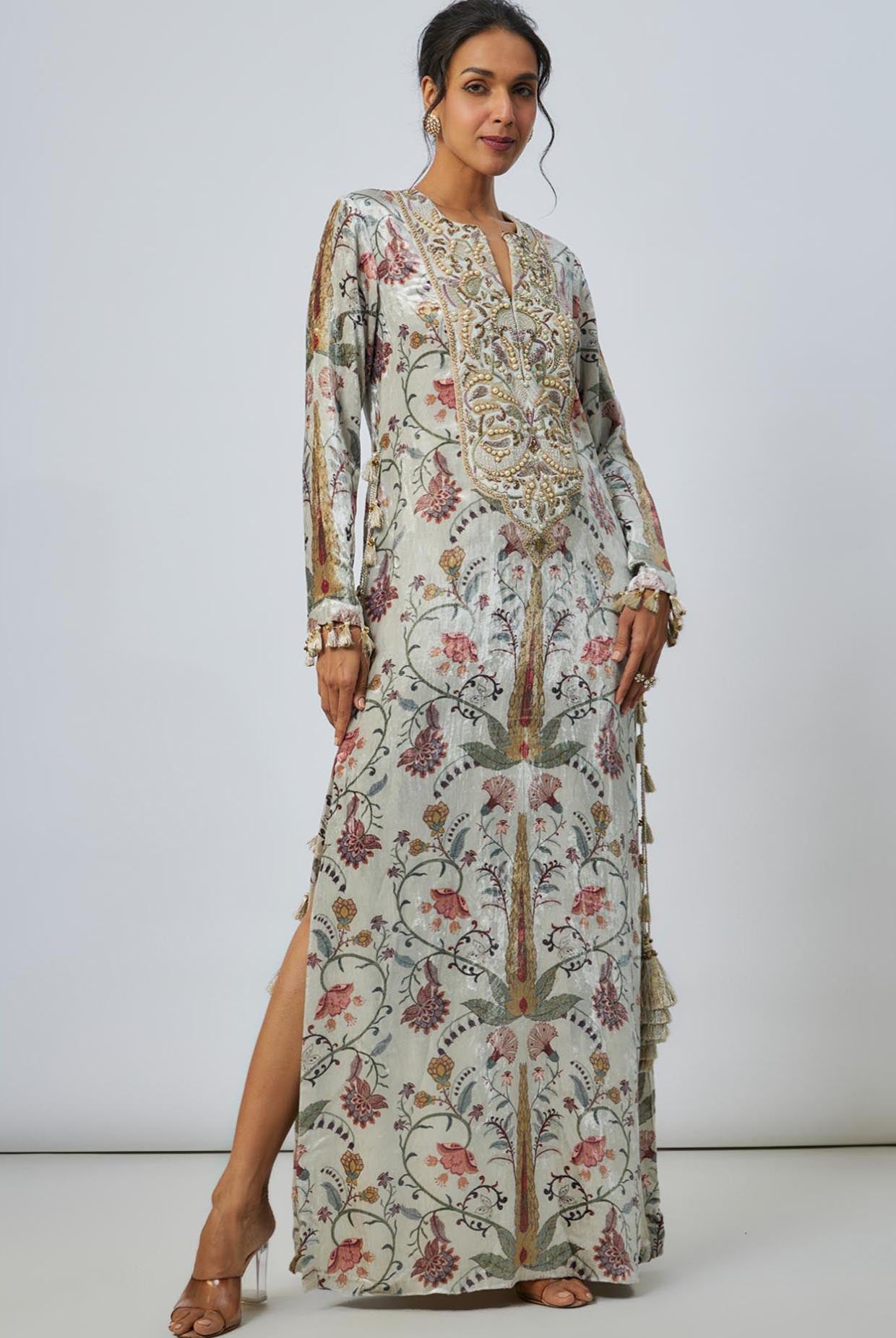 Mehuish Ochre Forest Whisper Embroidered Yoke Kaftan