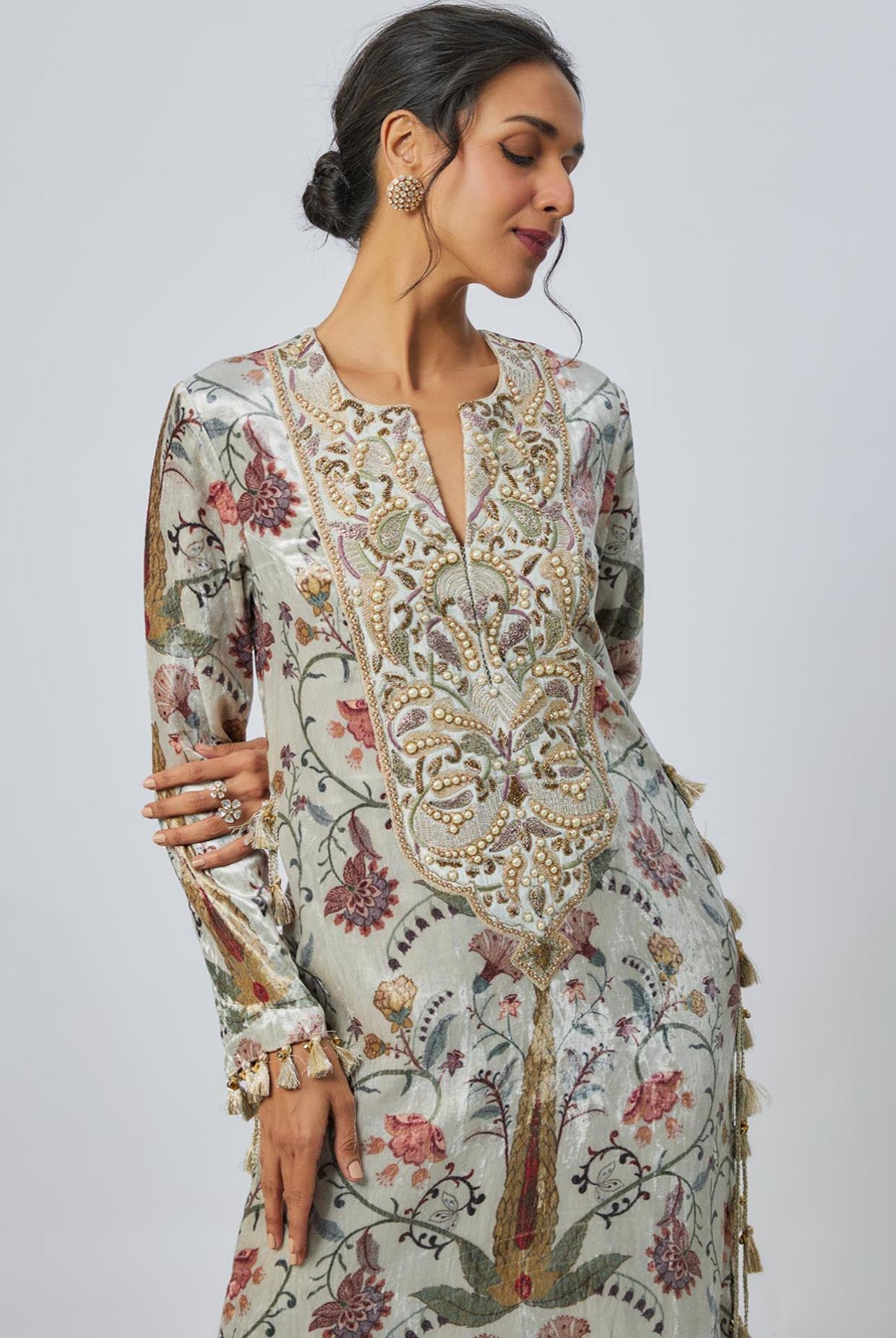Mehuish Ochre Forest Whisper Embroidered Yoke Kaftan