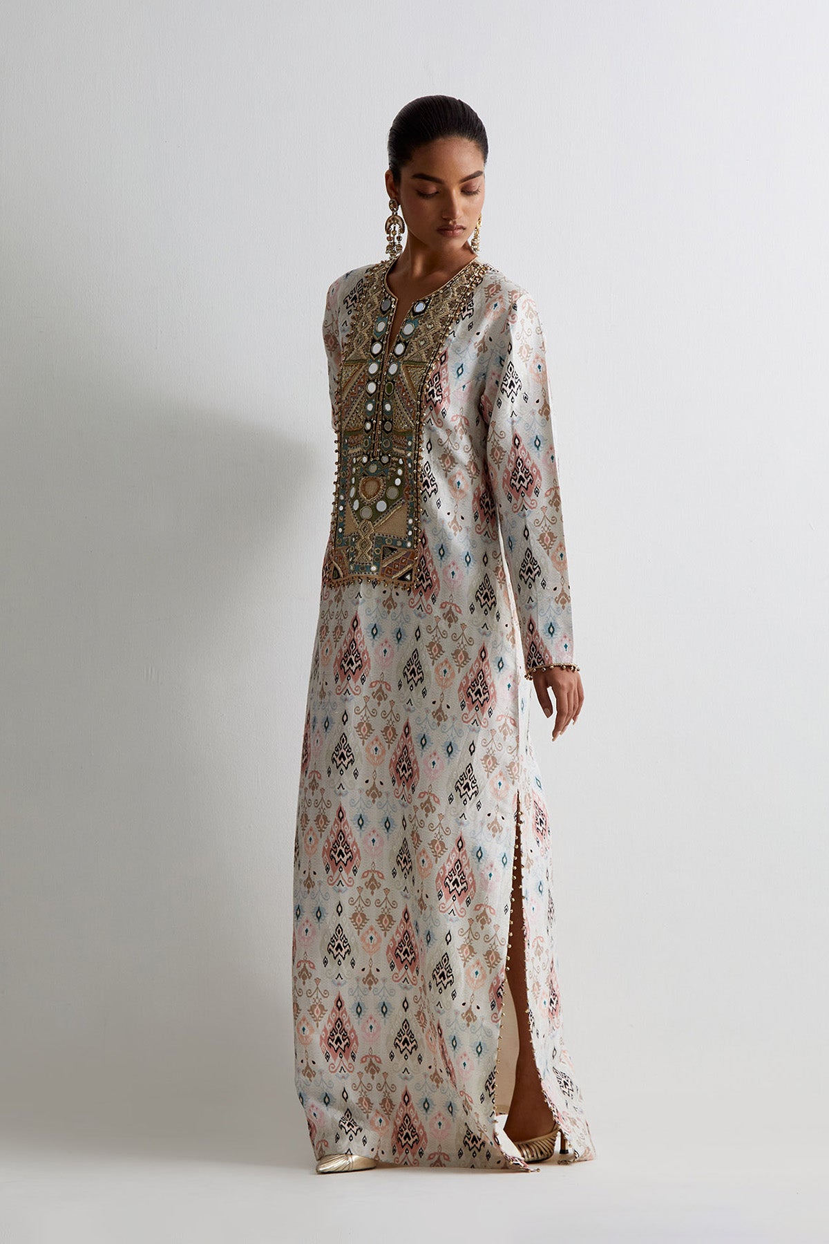 Off White Ikat Printed Beyza Kaftan With Embroidered Yoke