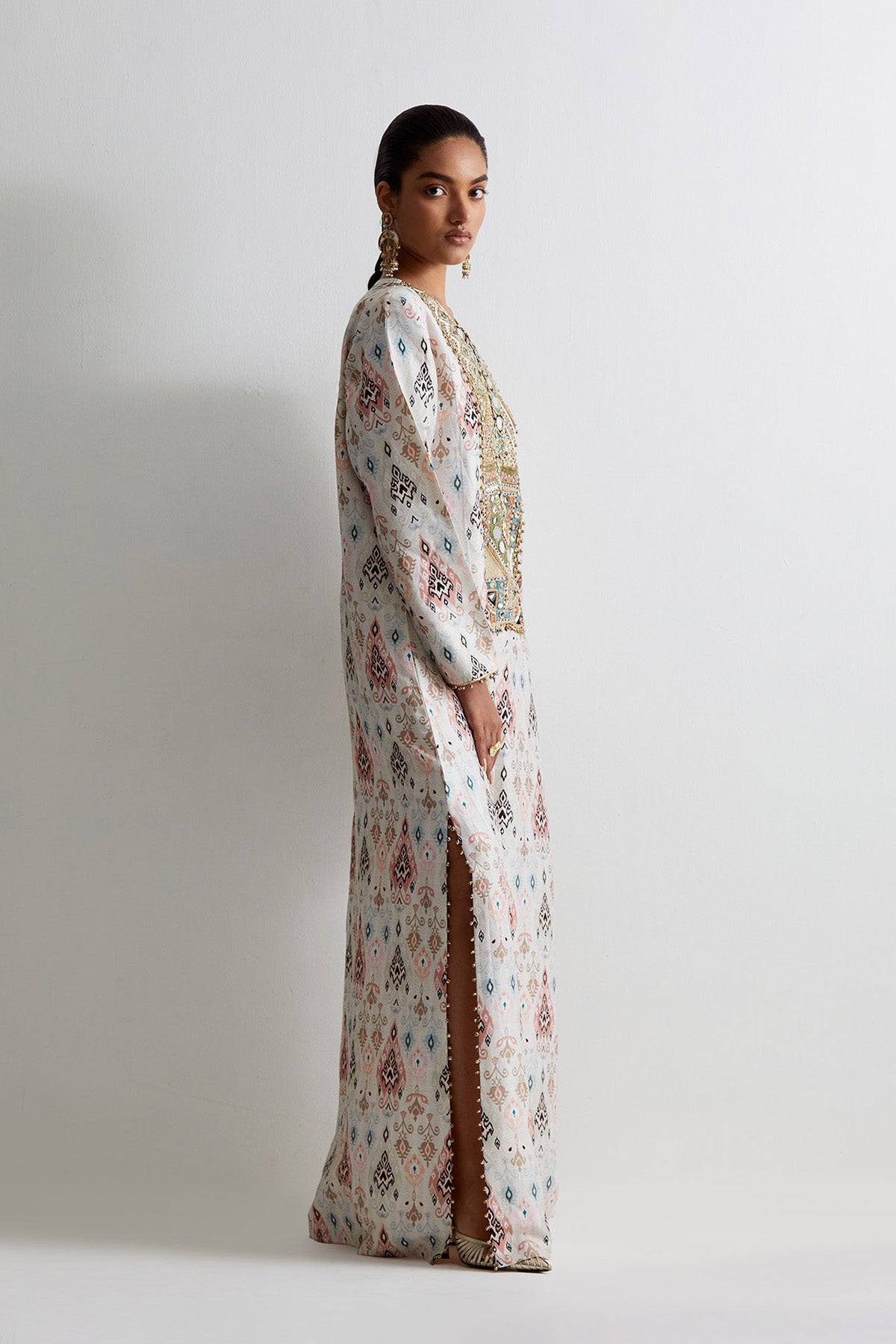 Off White Ikat Printed Beyza Kaftan With Embroidered Yoke