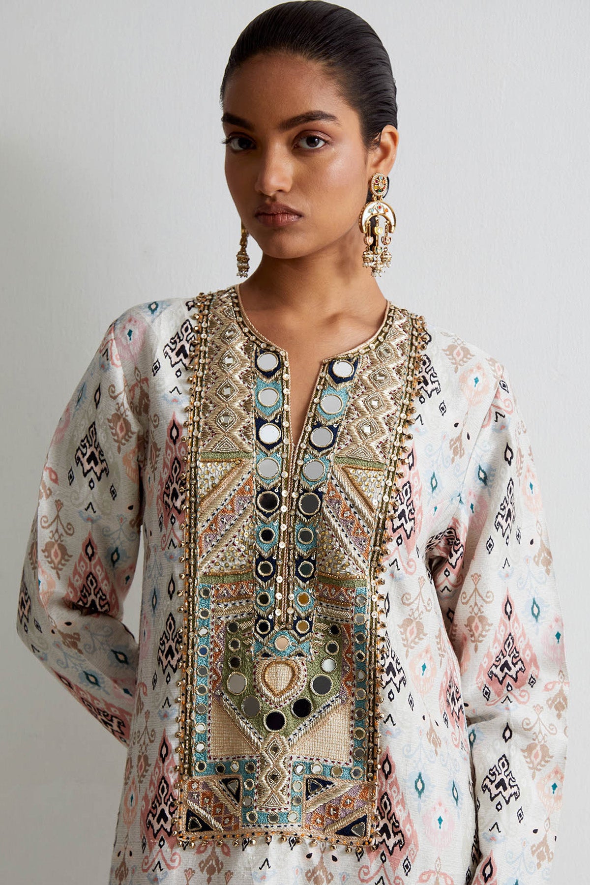 Off White Ikat Printed Beyza Kaftan With Embroidered Yoke
