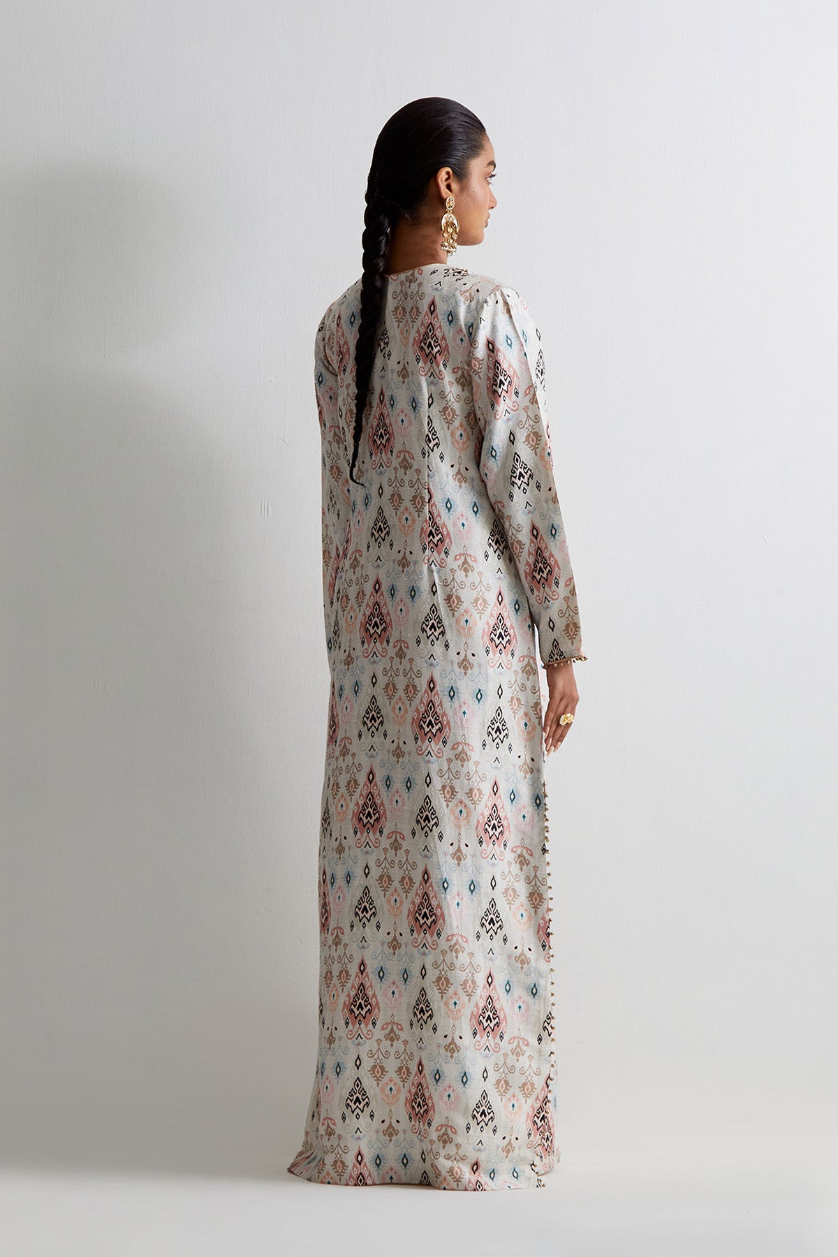 Off White Ikat Printed Beyza Kaftan With Embroidered Yoke
