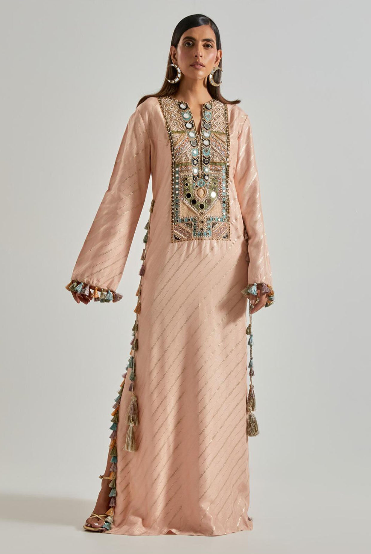 Peachy Pink Line Dola Silk Beyza Kaftan