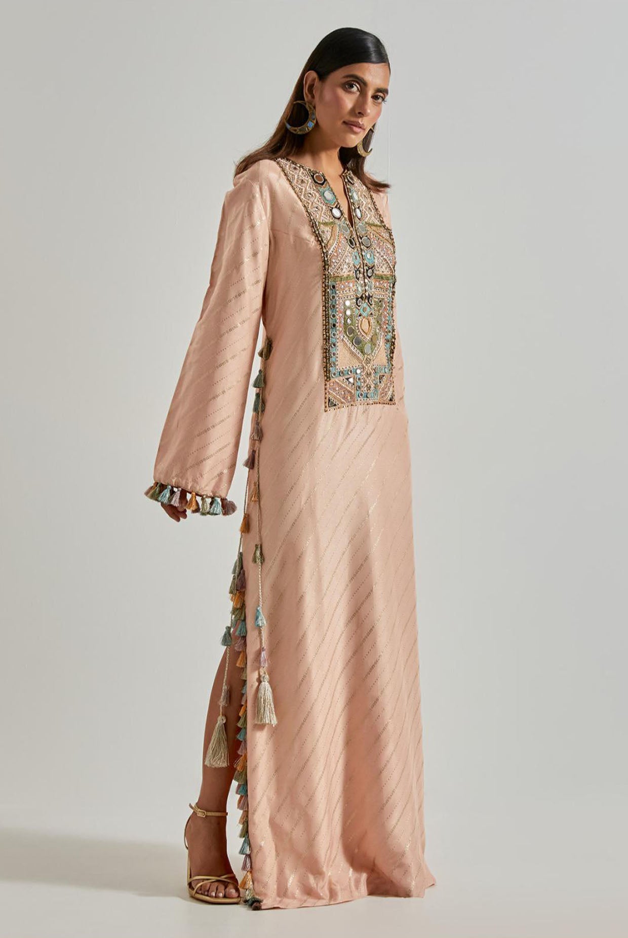 Peachy Pink Line Dola Silk Beyza Kaftan
