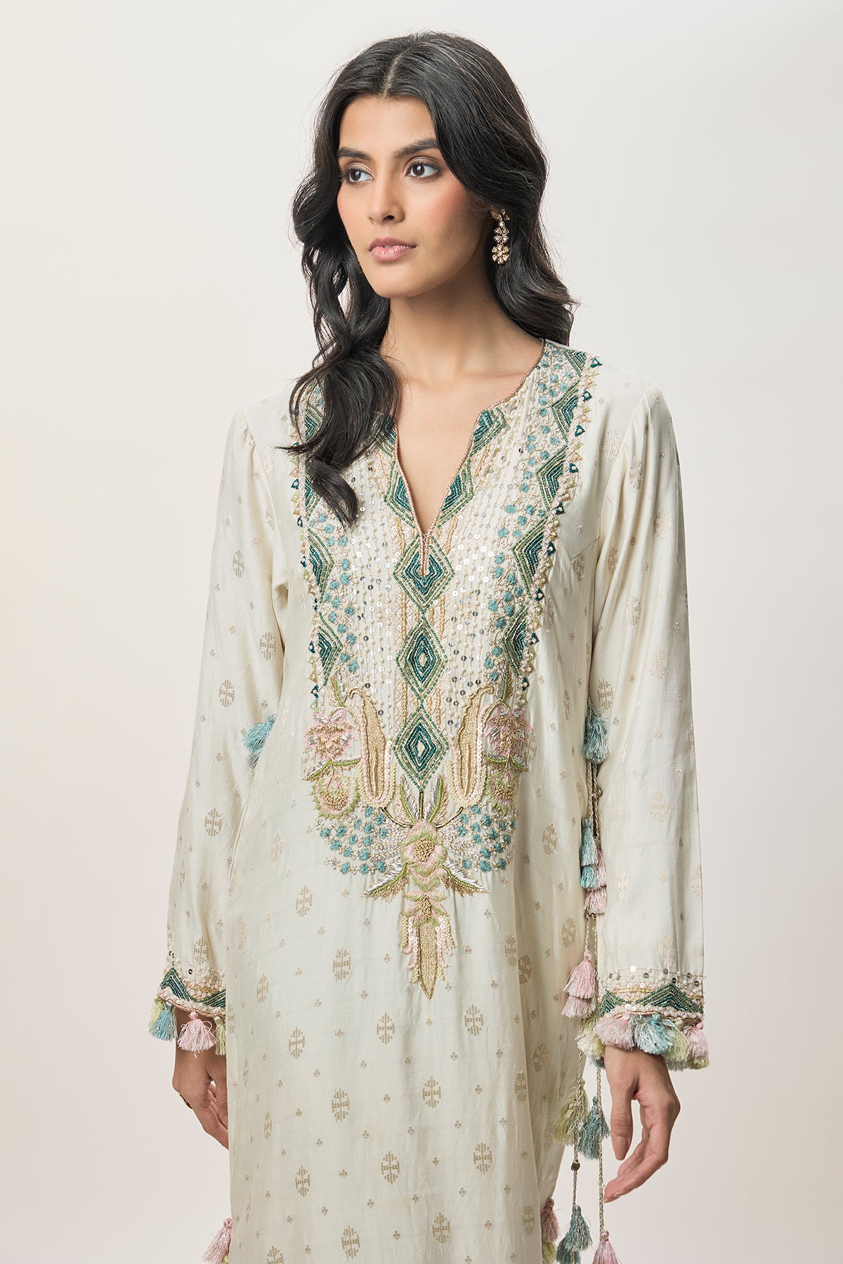 Saira Off-White Chiniya Silk Embroidered Yoke Beyza Kaftan
