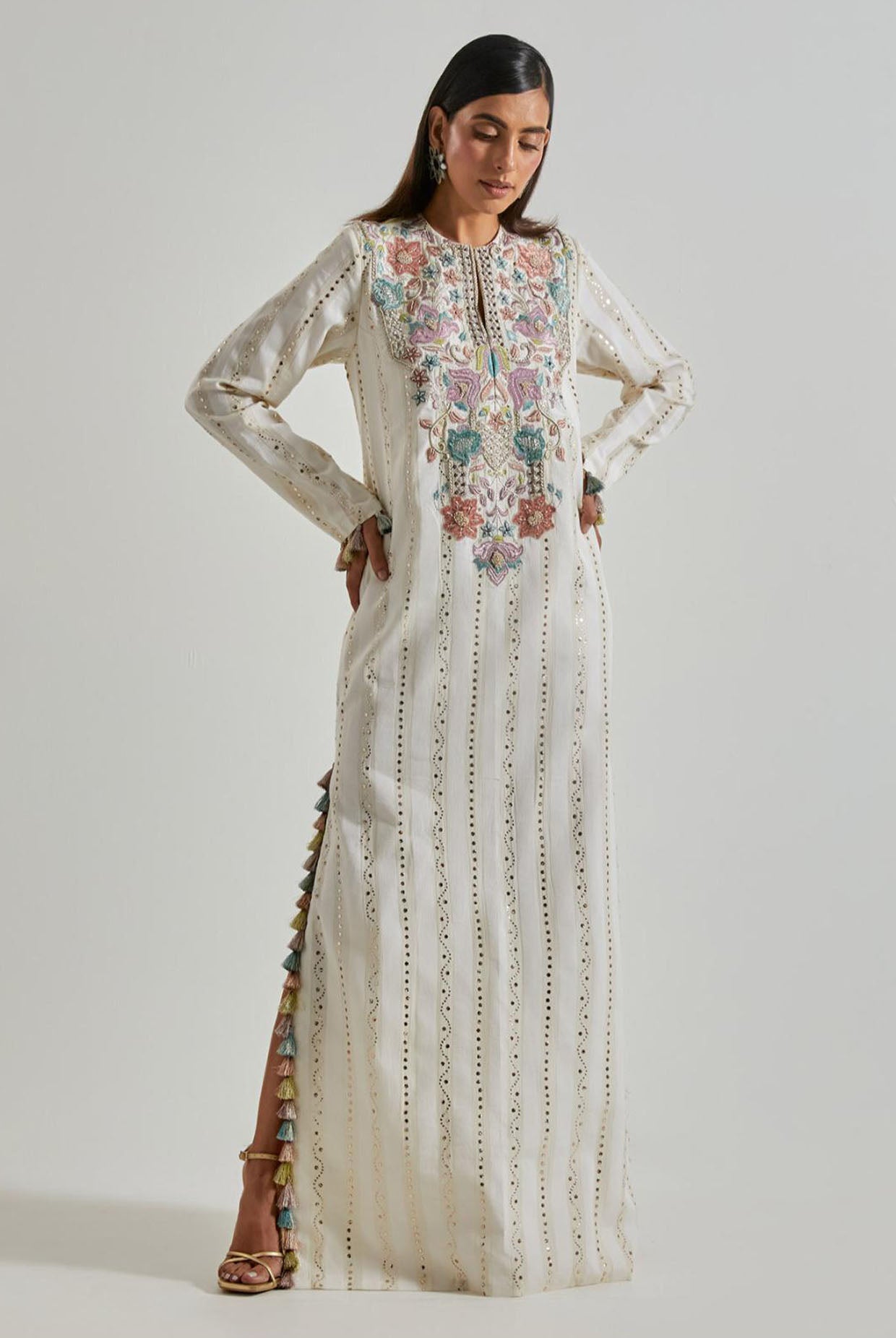 Off-White Chanderi Stripe Silkmul Beyza Kaftan