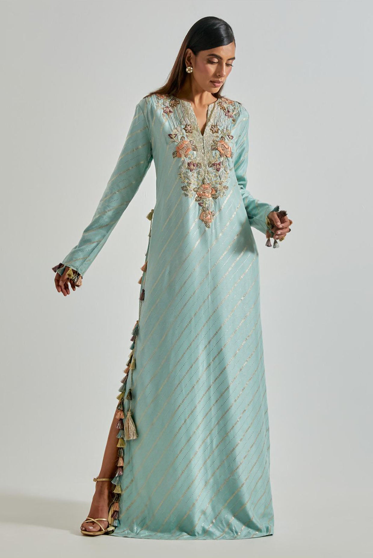 Powder Blue Line Dola Silk Beyza Kaftan