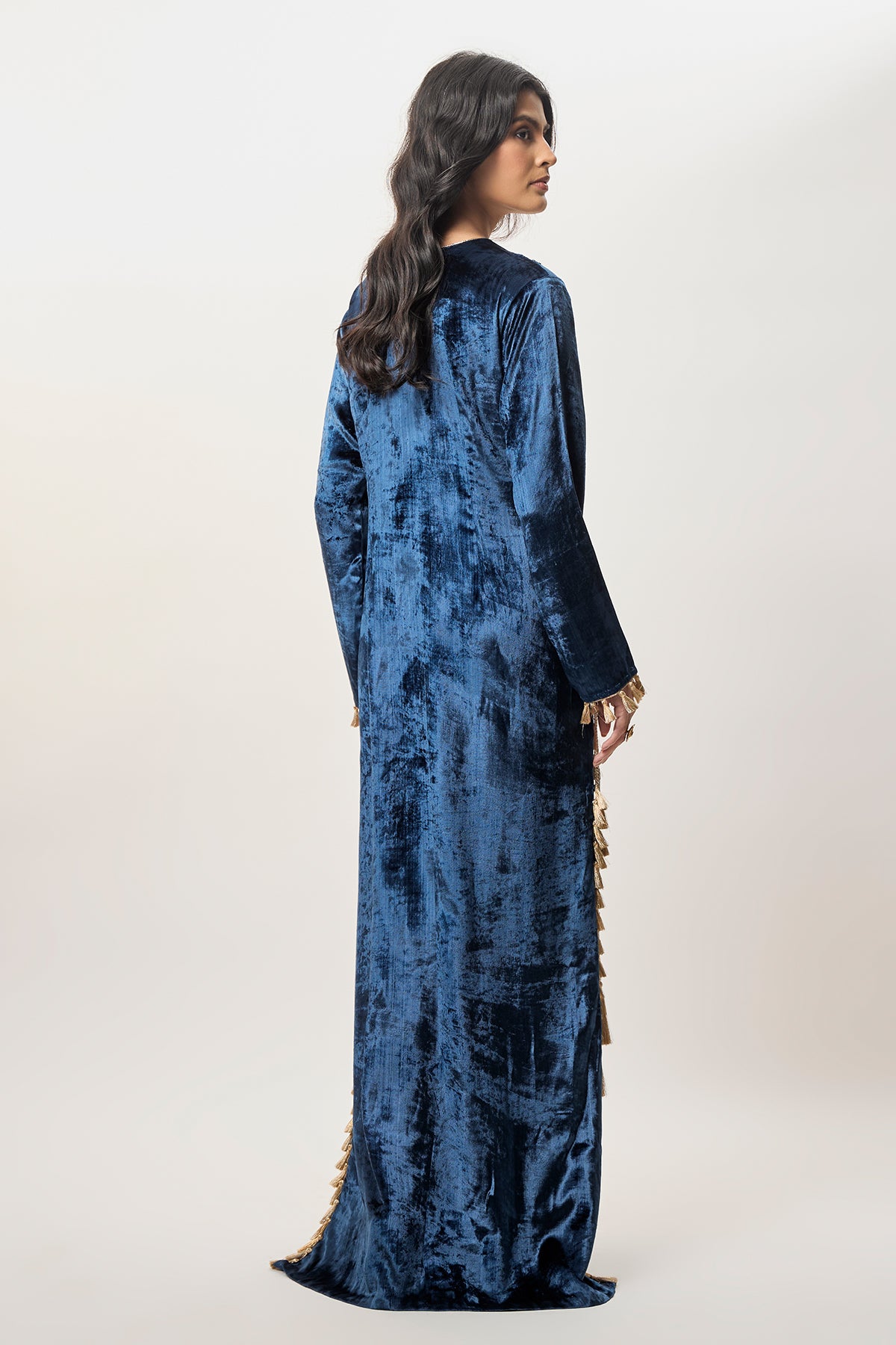 Tara Navy Blue Velvet Embroidered Yoke Beyza Kaftan