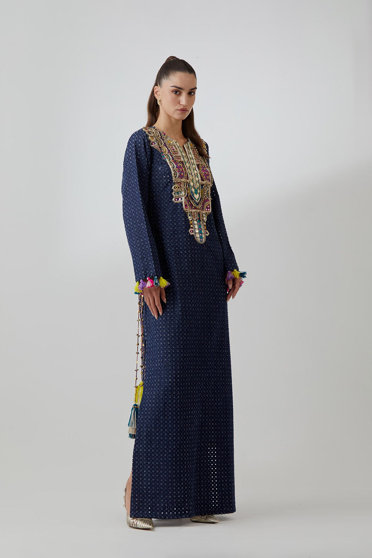 Blue Denim Embroidered Yoke  Kaftan