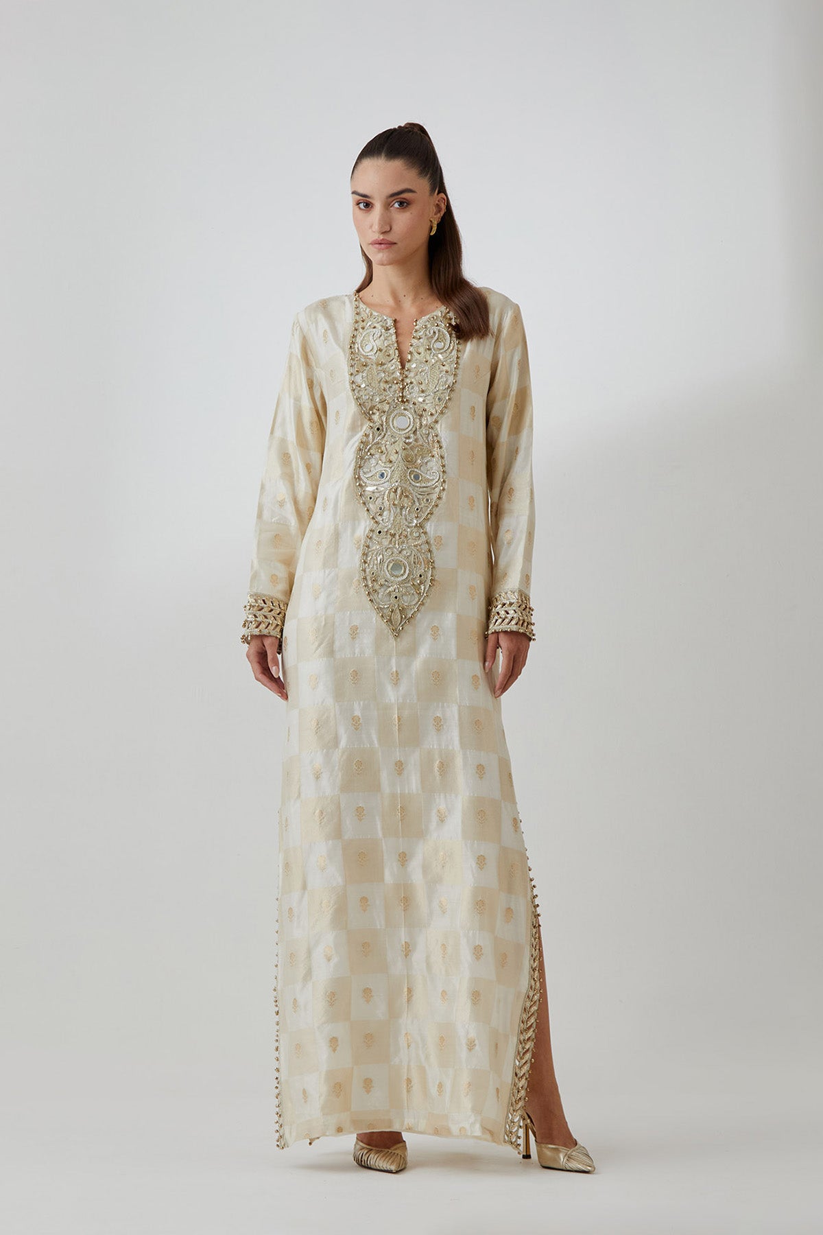 Off-White Brocade Silk Embroidered Long  Kaftan