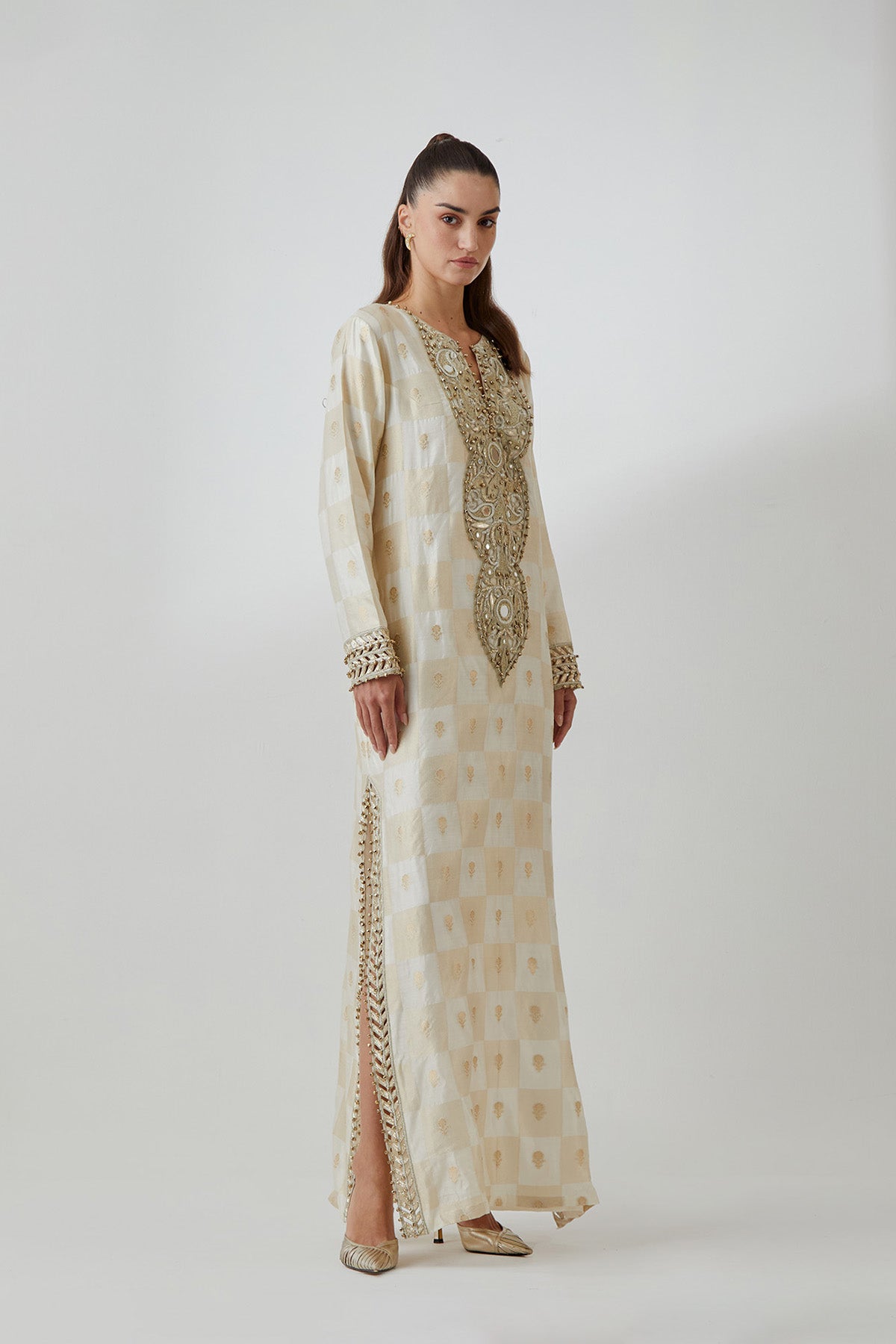 Off-White Brocade Silk Embroidered Long  Kaftan