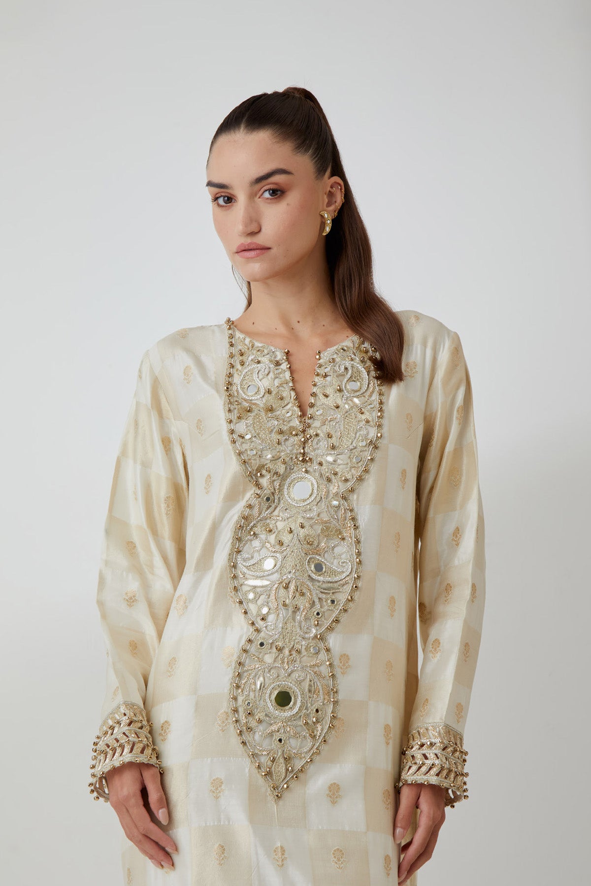 Off-White Brocade Silk Embroidered Long  Kaftan