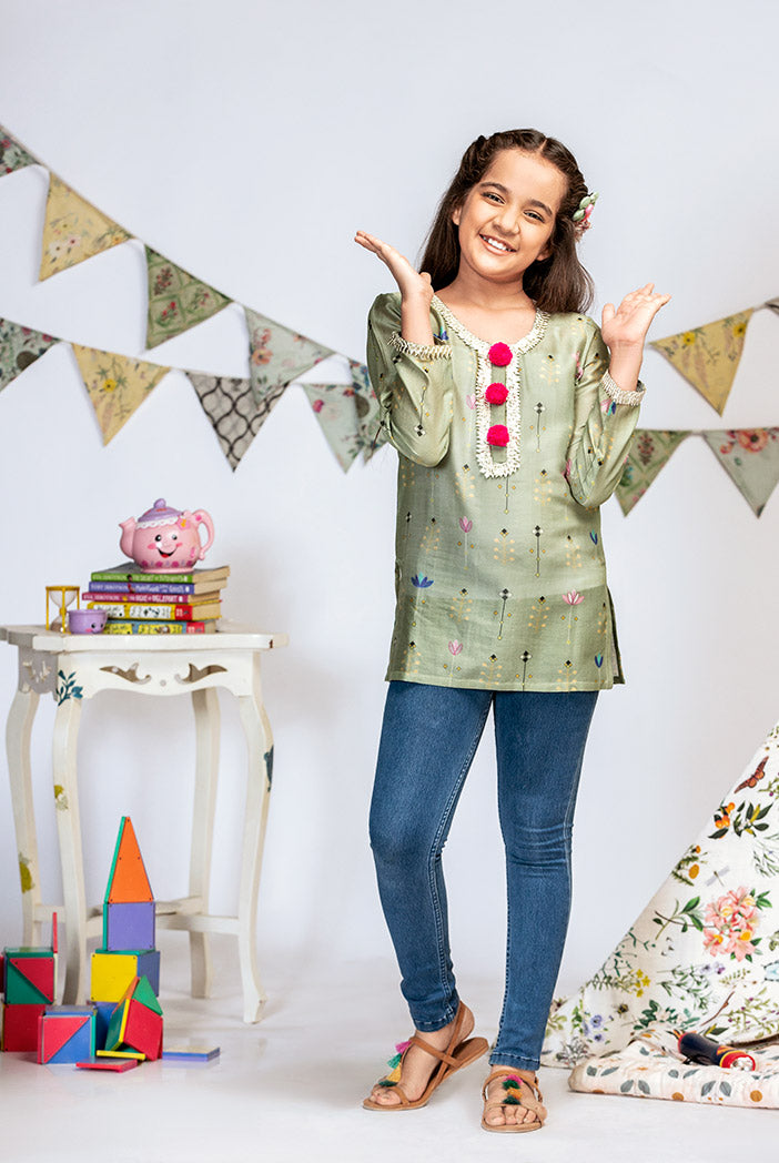 Green Printed Silkmul Tunic