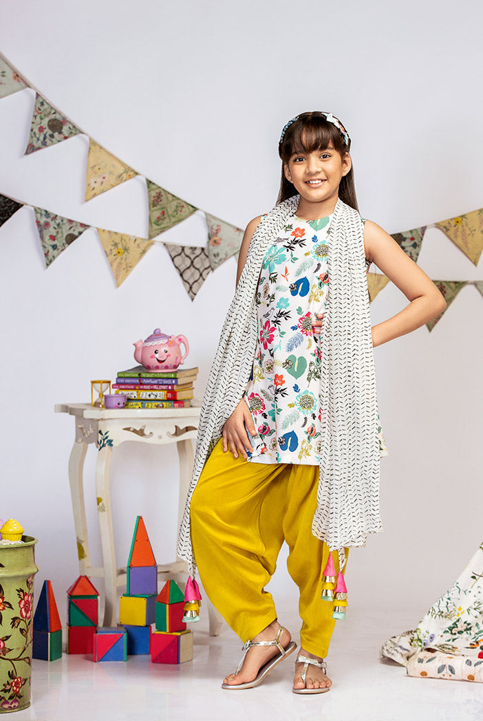 Cream Printed Crepe Short Kurta with Lime Green Silkmul Salwar and Cream Printed Chiffon Dupatta
