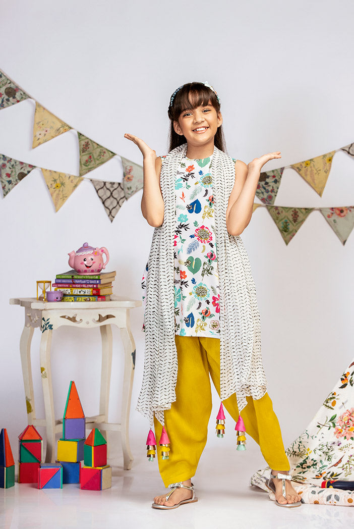 Cream Printed Crepe Short Kurta with Lime Green Silkmul Salwar and Cream Printed Chiffon Dupatta