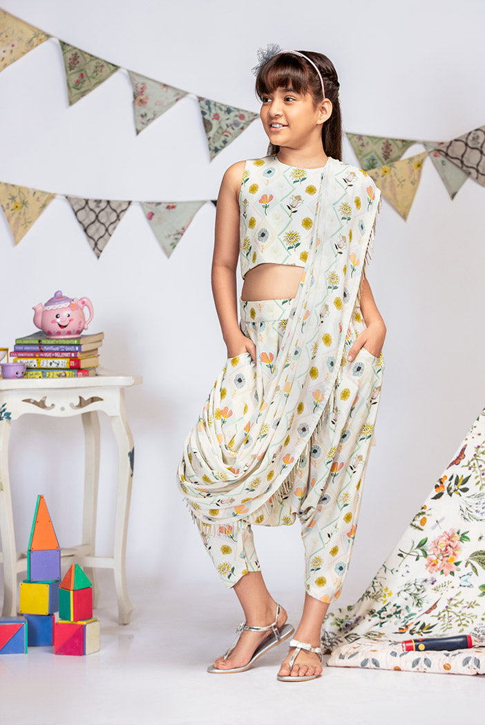 Cream Printed Crepe Crop Top with Low Crotch Pant and Attached Georgette Drape