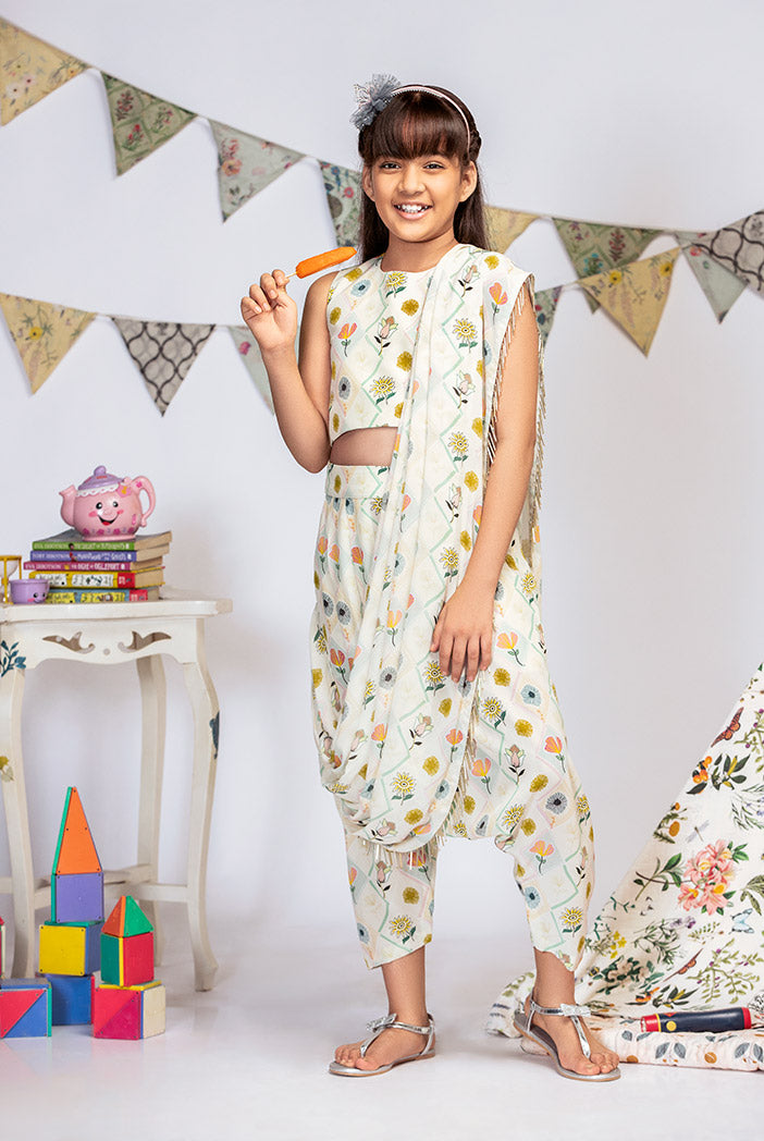 Cream Printed Crepe Crop Top with Low Crotch Pant and Attached Georgette Drape