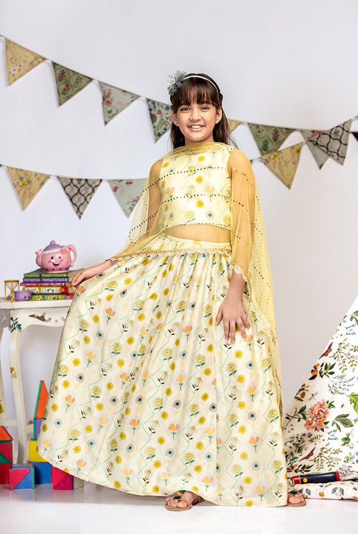 Cream Printed Silkmul Choli and Lehenga with Pale Yellow net Dupatta