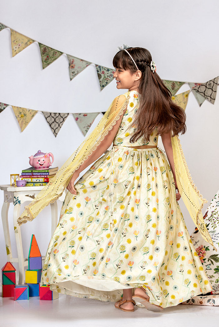 Cream Printed Silkmul Choli and Lehenga with Pale Yellow net Dupatta