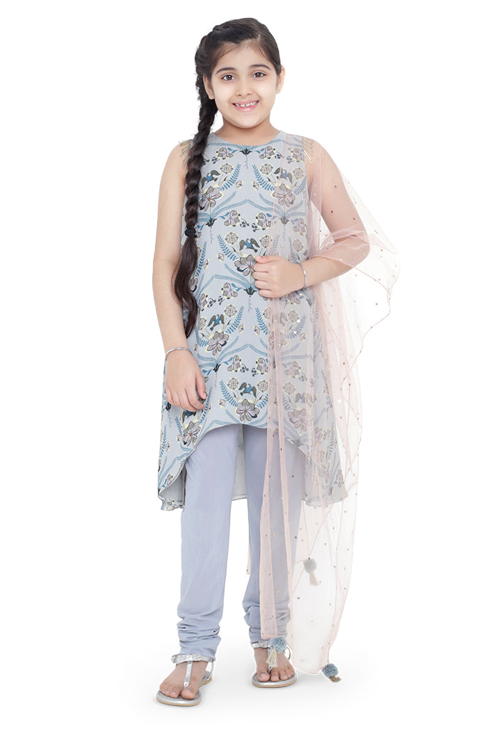 PS Kids Powder Blue Colour Printed Art Georgette Kigh Low Kurta with Pale Blue Colour Soft Net Churidar and Blush Colour Net Dupatta for Girls