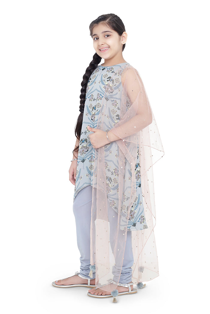 PS Kids Powder Blue Colour Printed Art Georgette Kigh Low Kurta with Pale Blue Colour Soft Net Churidar and Blush Colour Net Dupatta for Girls