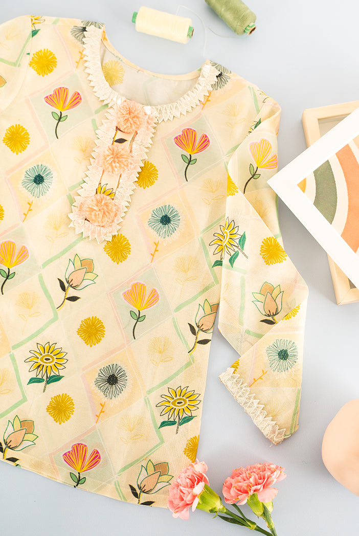 PS Kids Cream Colour print Silkmul Tunic