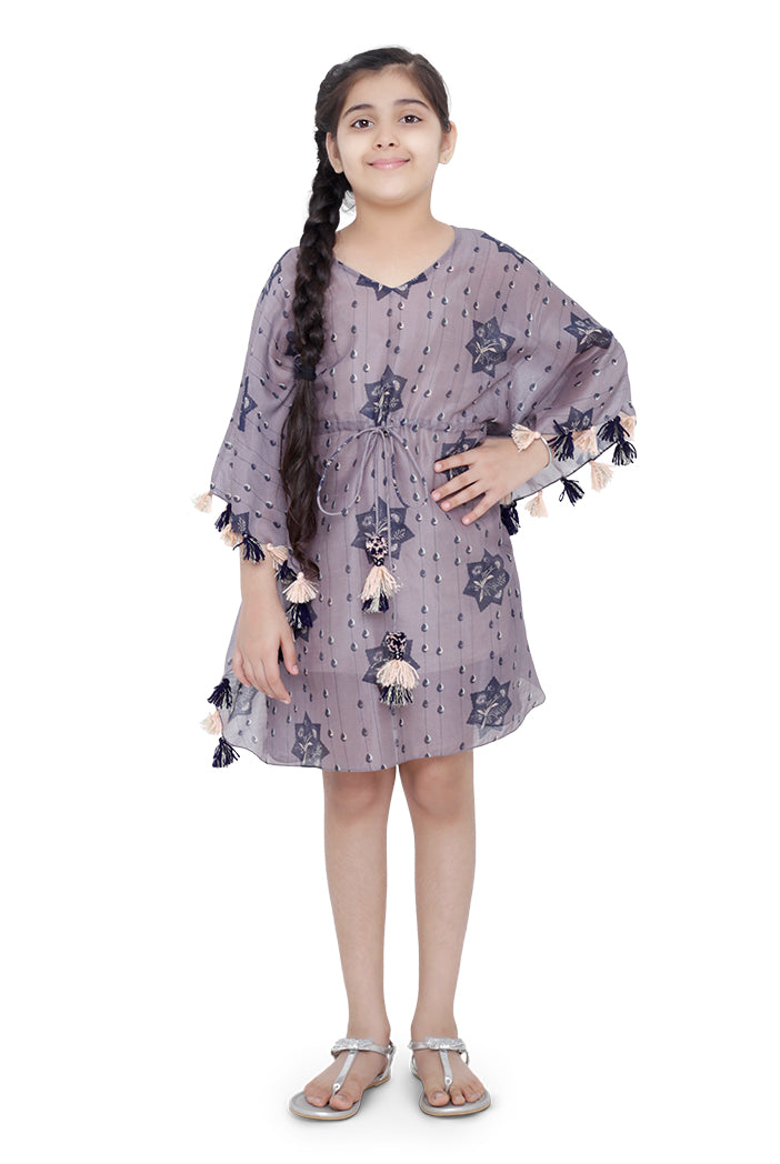PS Kids Purple Colour Printed Silkmul Kaftan for Girls