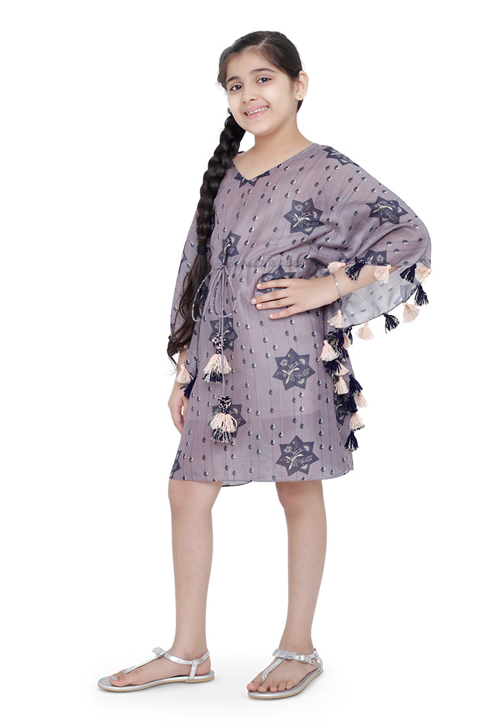 PS Kids Purple Colour Printed Silkmul Kaftan for Girls