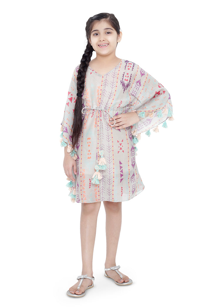 PS Kids Grey Colour Printed Silkmul Kaftan for Girls