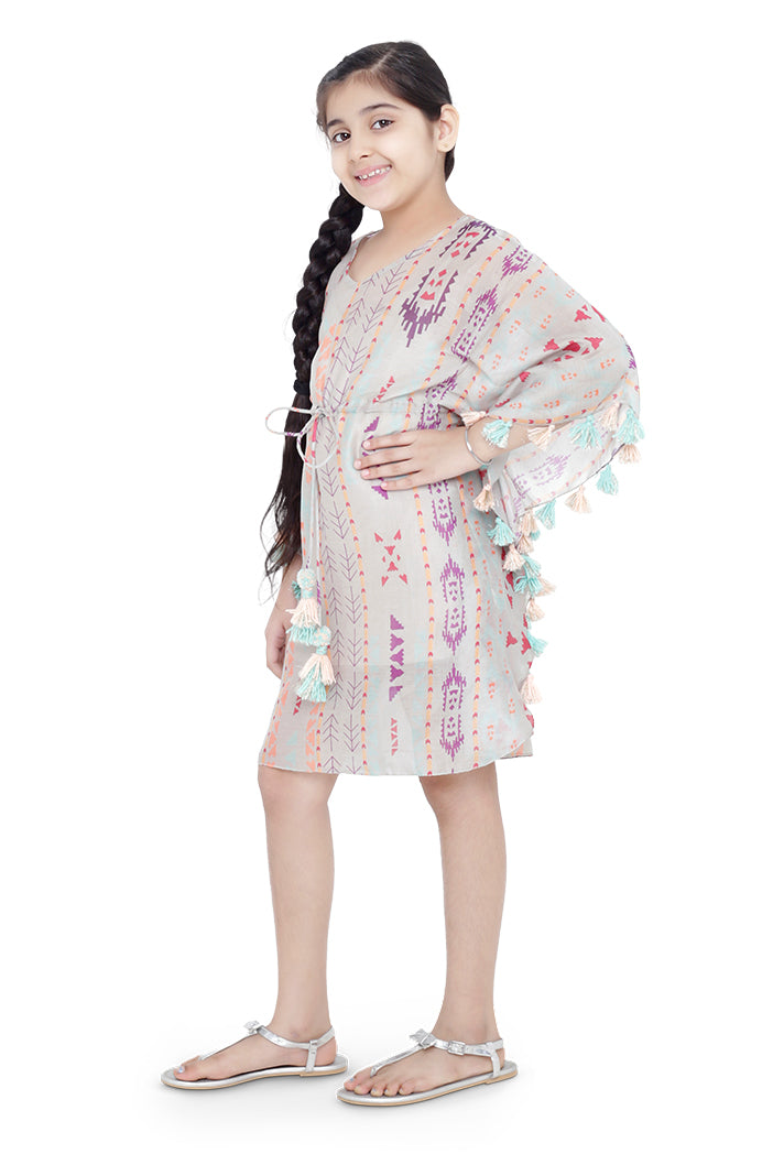 PS Kids Grey Colour Printed Silkmul Kaftan for Girls