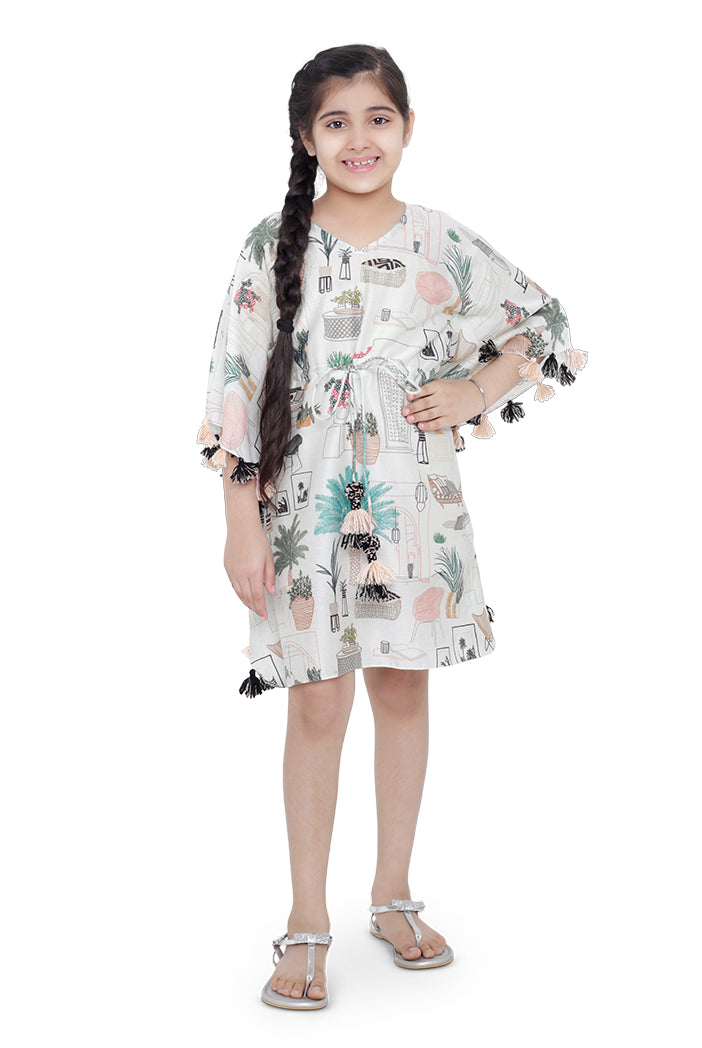 PS Kids White Colour Printed Silkmul Kaftan for Girls