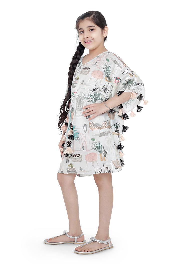 PS Kids White Colour Printed Silkmul Kaftan for Girls