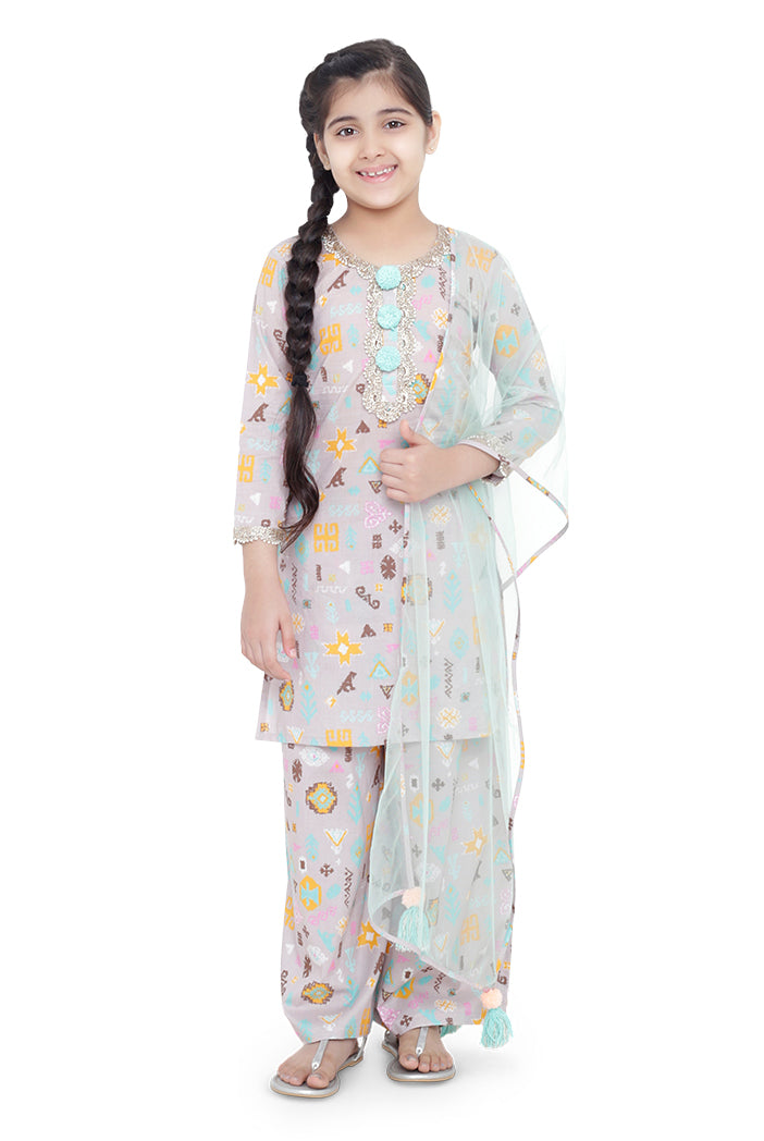 PS Kids Lavender Colour Printed Cotton Kurta with Palazzo and Aqua Colour Net Dupatta for Girls