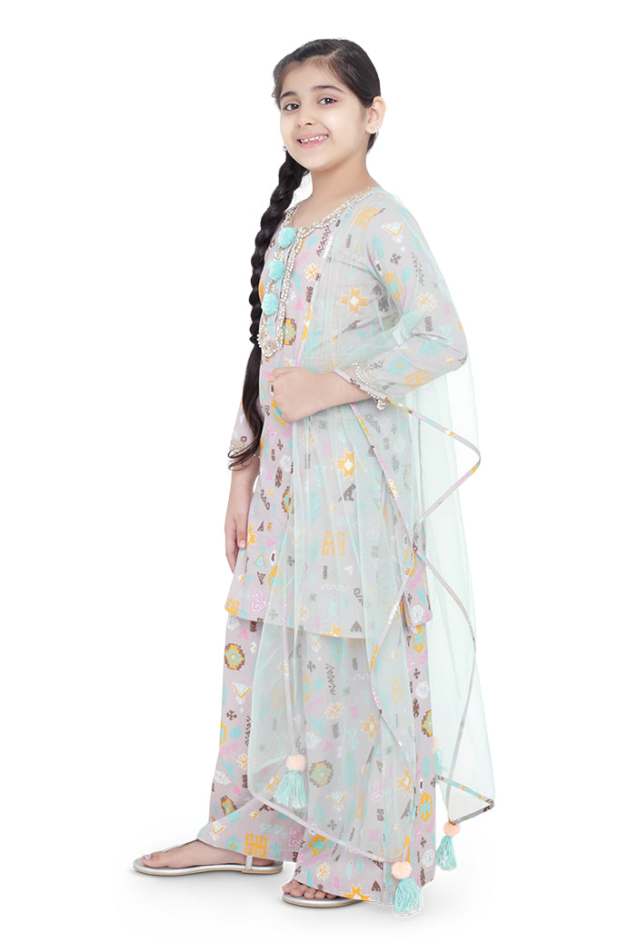 PS Kids Lavender Colour Printed Cotton Kurta with Palazzo and Aqua Colour Net Dupatta for Girls