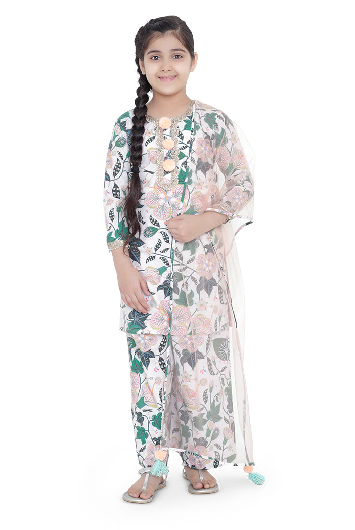 PS Kids White Colour Printed Cotton Kurta with Palazzo and Blush Colour Net Dupatta for Girls