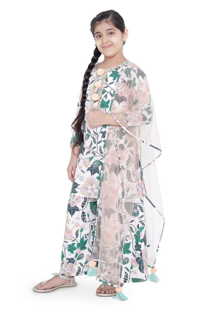 PS Kids White Colour Printed Cotton Kurta with Palazzo and Blush Colour Net Dupatta for Girls
