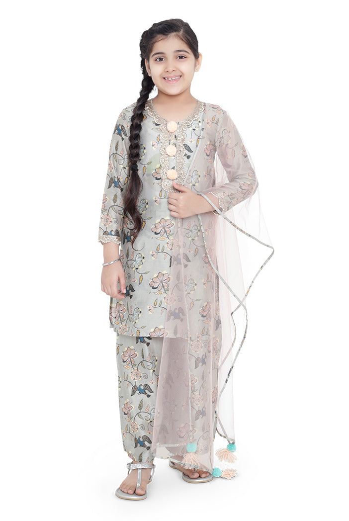 PS Kids Mint Colour Printed Cotton Kurta with Palazzo and Blush Colour Net Dupatta for Girls