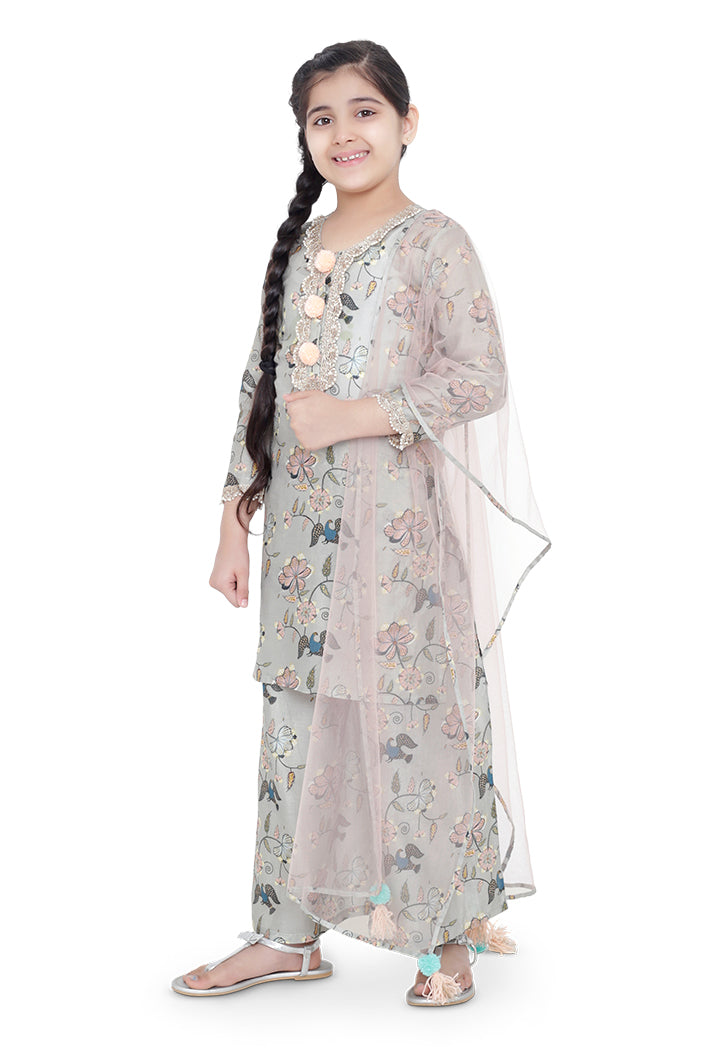 PS Kids Mint Colour Printed Cotton Kurta with Palazzo and Blush Colour Net Dupatta for Girls