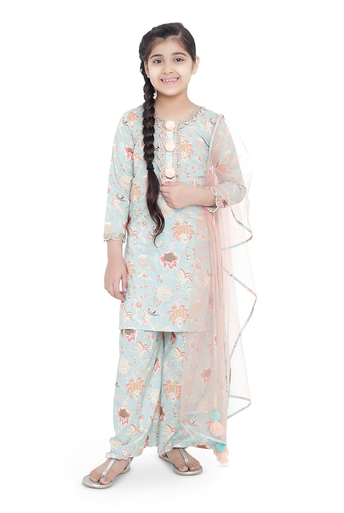 PS Kids Aqua Colour Printed Cotton Kurta with Palazzo and Blush Colour Net Dupatta for Girls