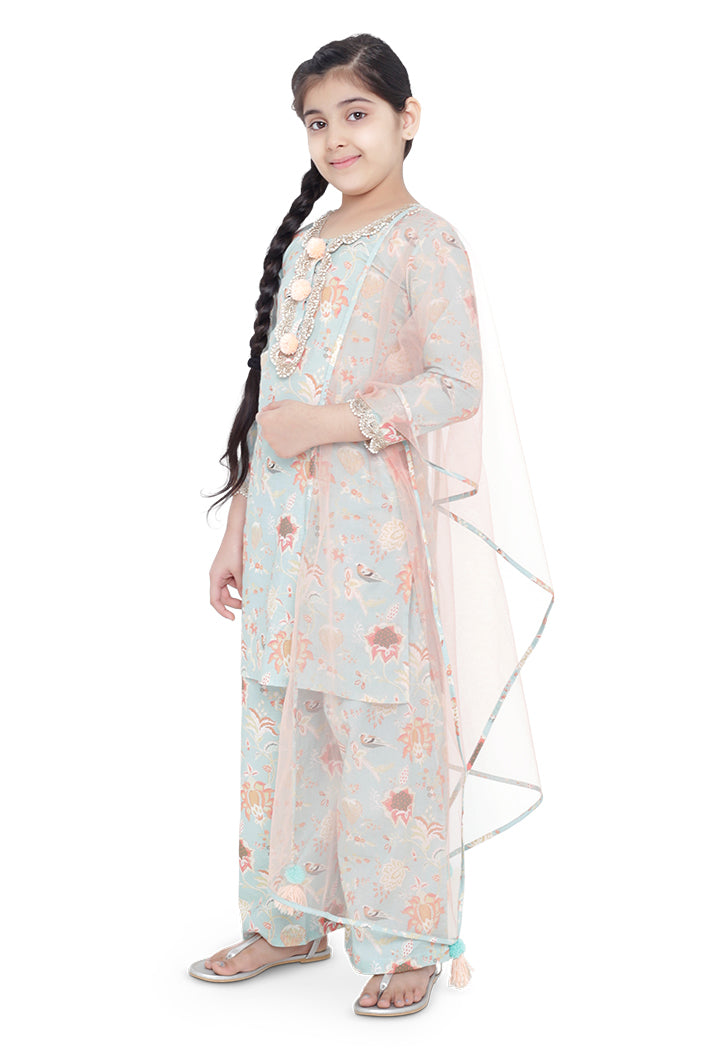 PS Kids Aqua Colour Printed Cotton Kurta with Palazzo and Blush Colour Net Dupatta for Girls