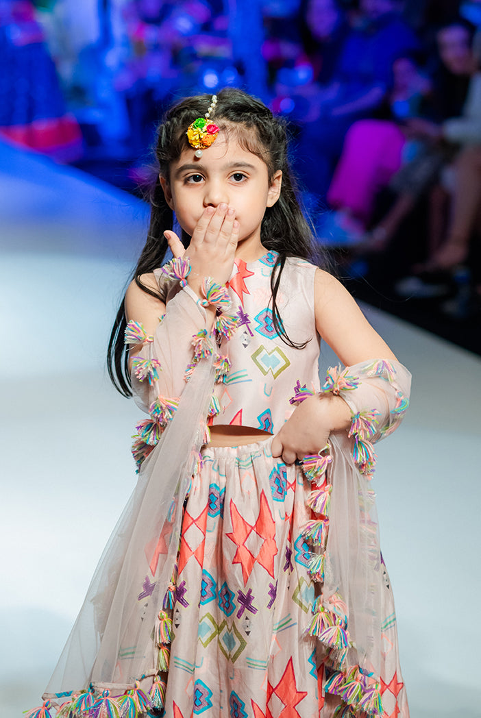 PS Kids Pink Ikat Printed Silkmul Choli and Lehenga with Net Dupatta