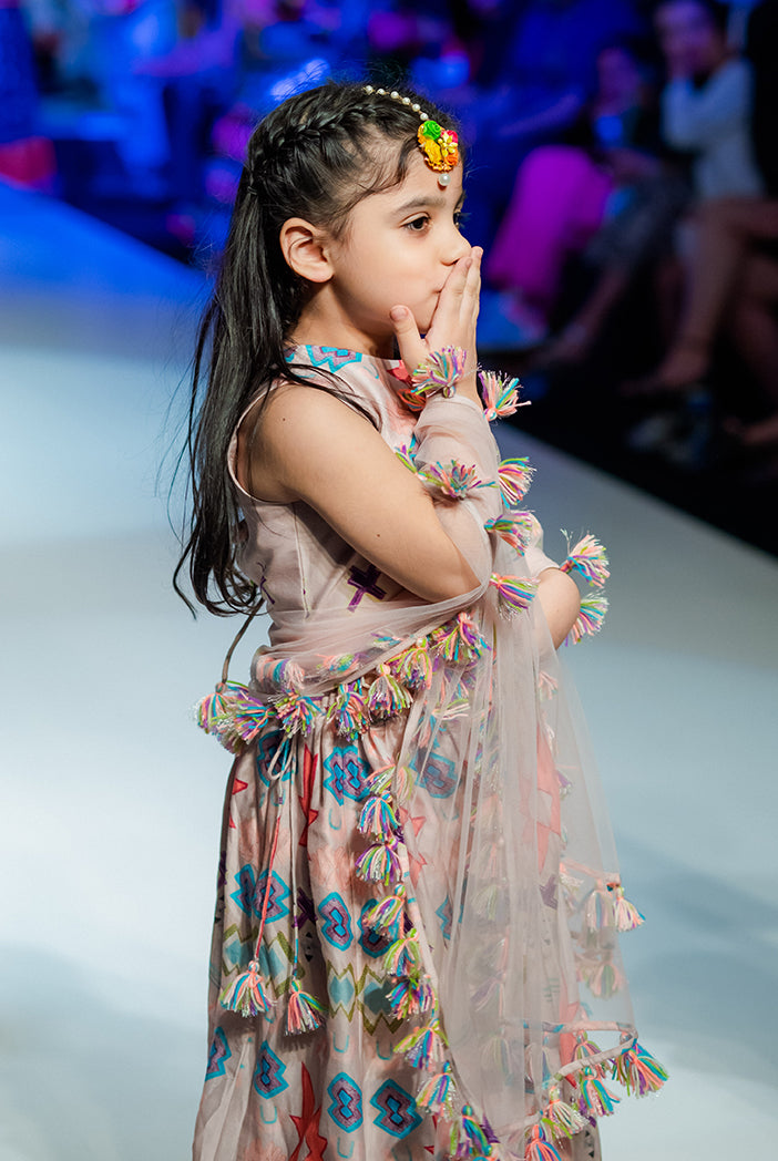 PS Kids Pink Ikat Printed Silkmul Choli and Lehenga with Net Dupatta
