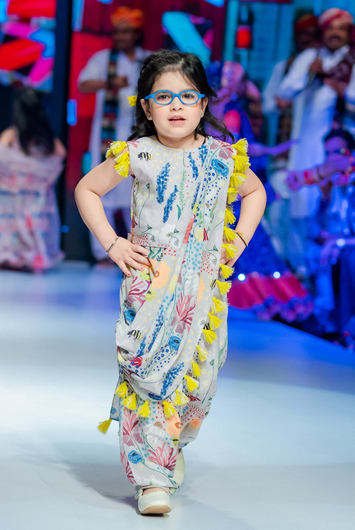PS Kids Stone Colour Printed Art Crepe Crop Top and Low Crotch Pant with Attached Drape