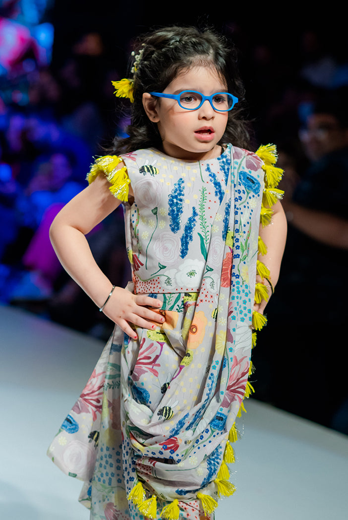PS Kids Stone Colour Printed Art Crepe Crop Top and Low Crotch Pant with Attached Drape