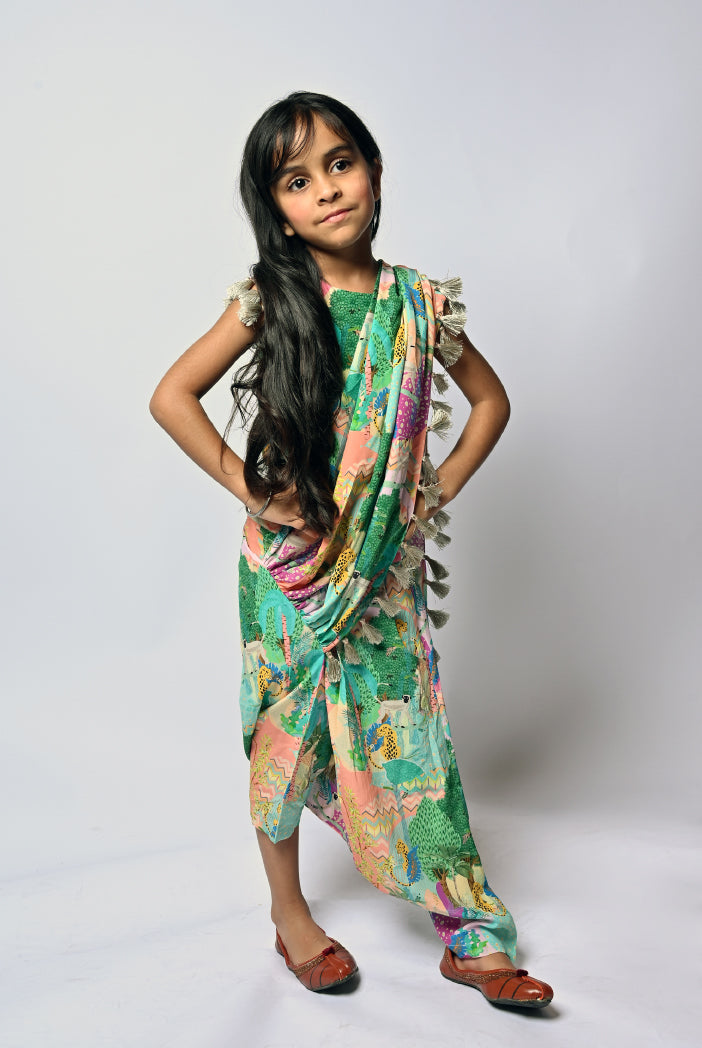 Peach Kuno Print Crepe Choli And Dhoti Saree With Tassel Detailing
