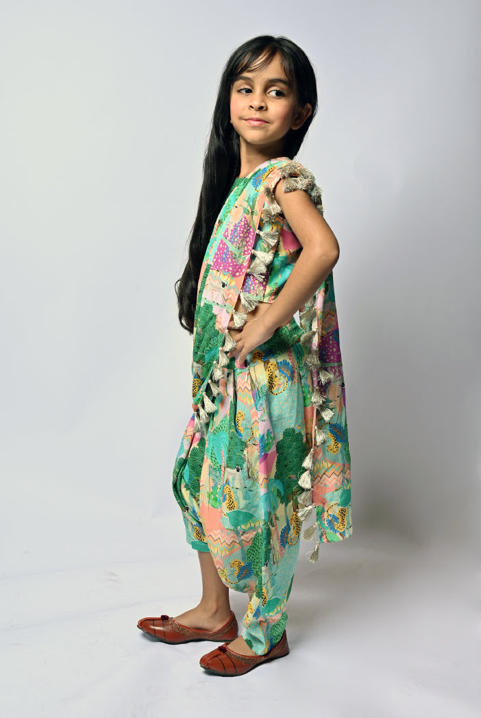 Peach Kuno Print Crepe Choli And Dhoti Saree With Tassel Detailing