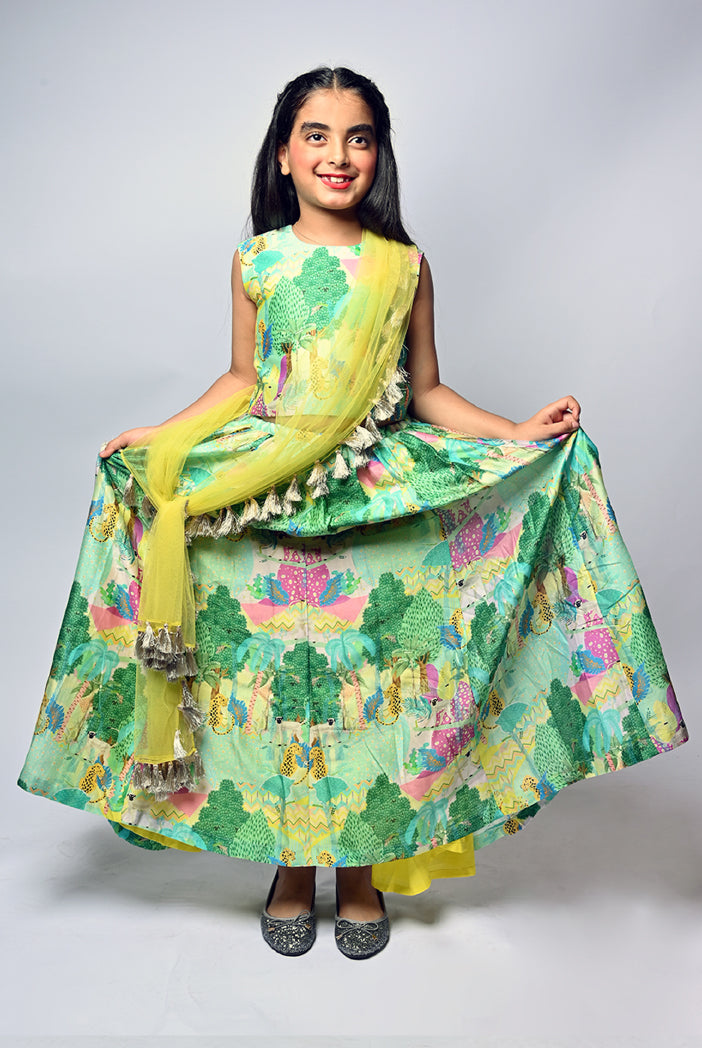 Yellow Kuno Print Silkmul Choli With Lehenga And Yellow Net Dupatta